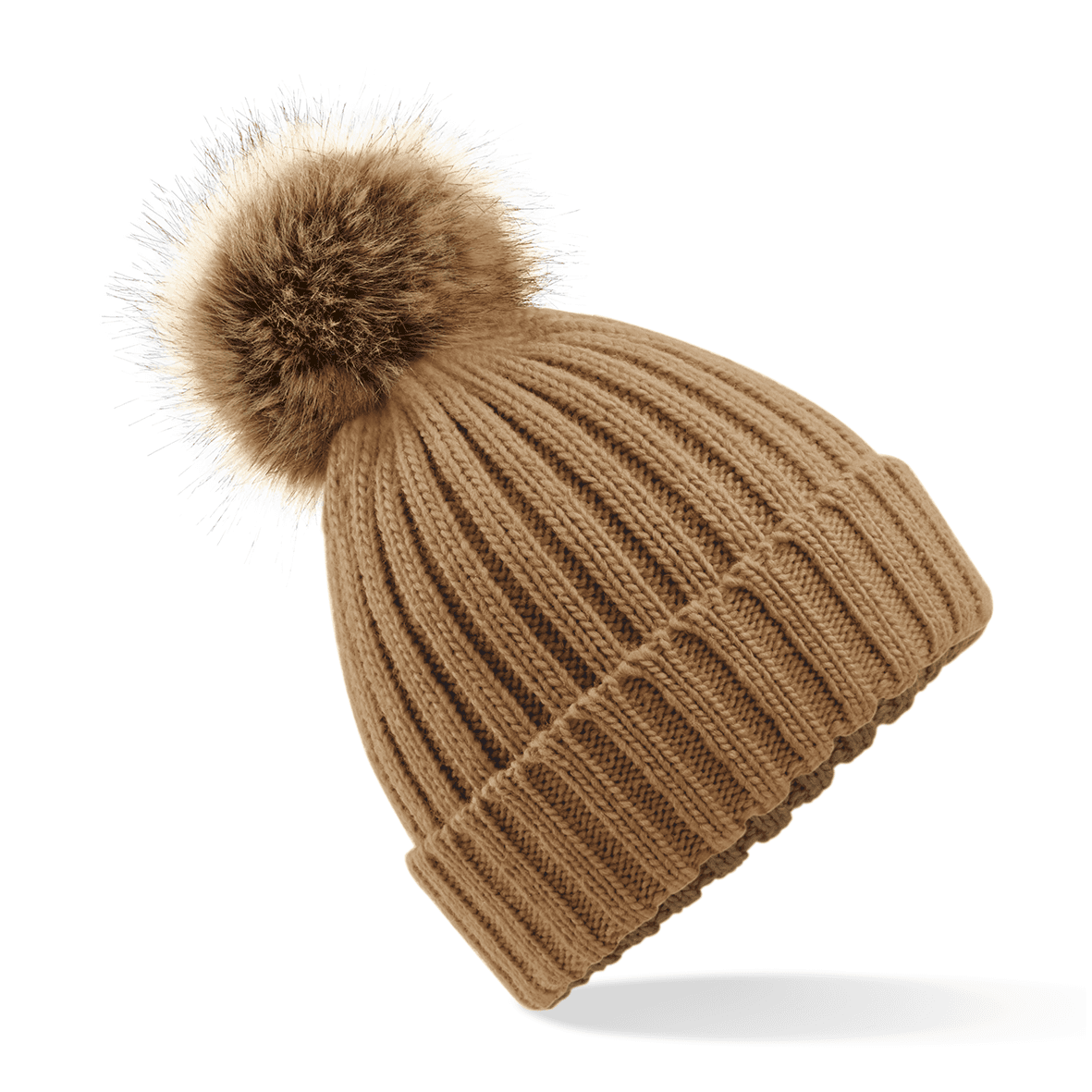 Bonnet epais avec pompon en fausse fourrure — coloris Biscuit (Marron)