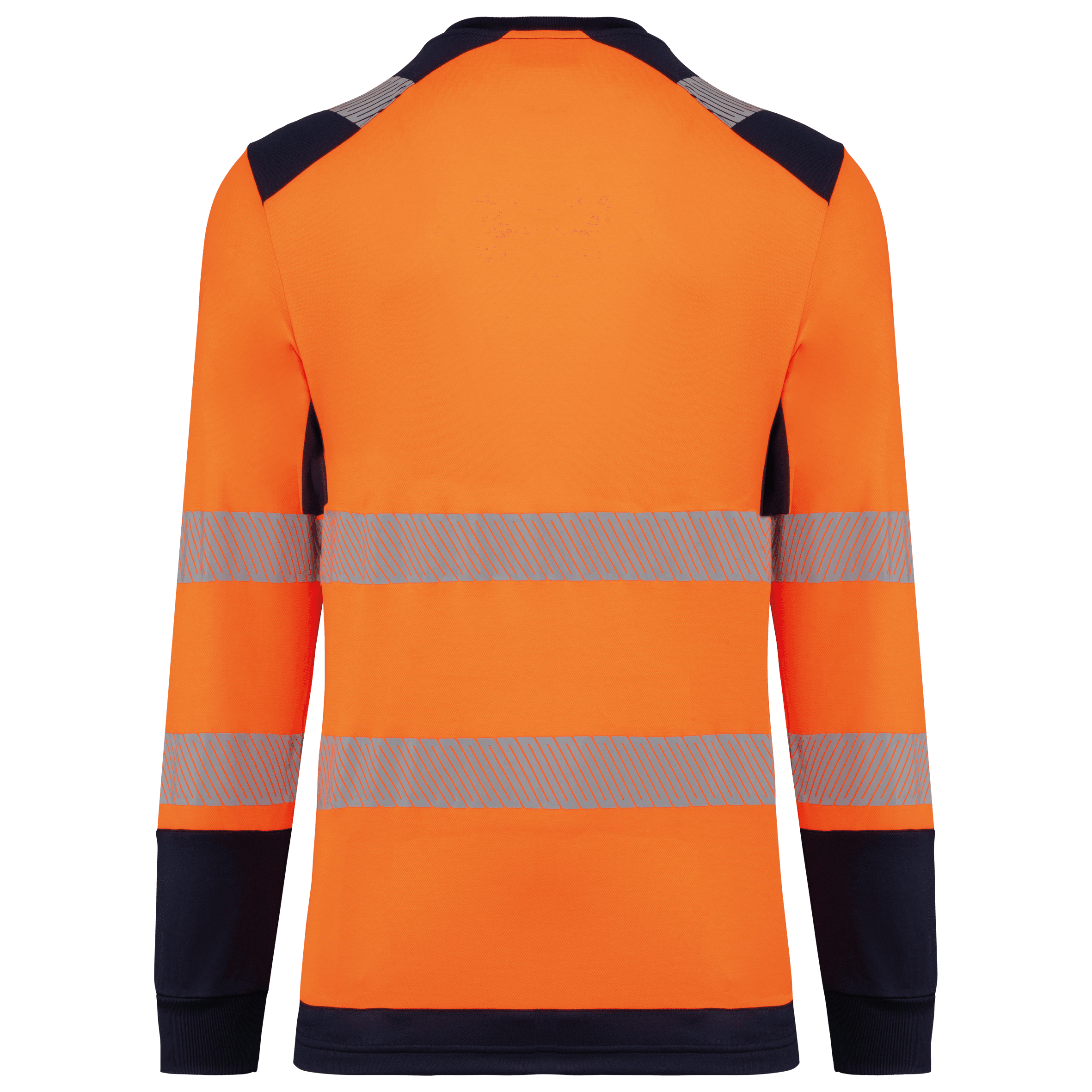 T-shirt de sécurité recyclé col rond manches longues unisexe — coloris Hi Viz Orange / Navy