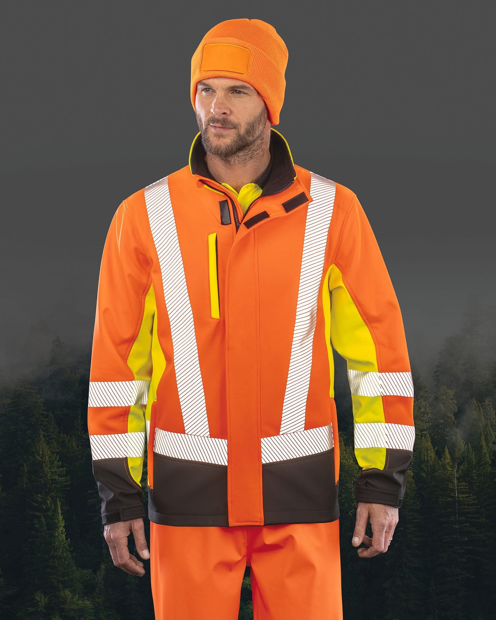 Veste softshell de sécurité recyclé 3 couches — coloris Fluorescent Yellow / Orange / Black (Orange)